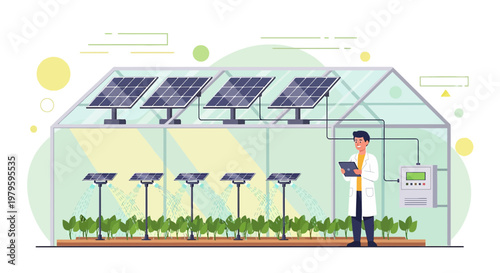 Innovative greenhouse illustration featuring solar panels and monitoring with an engineer