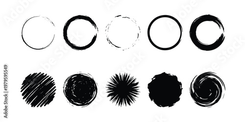 Grunge brush stroke circles, set of 10 black ink hand drawn round frames. Distressed circular paint textures, artistic zen enso symbols for logo design.