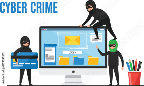 Cyber Crime and Online Fraud Illustration Featuring Hackers Stealing Credit Card Data, Phishing Login Screen, Identity Theft and Digital Security Threat