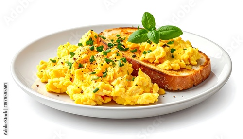 Delicious Scrambled Eggs on Toast with Fresh Basil Garnish.