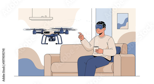Innovative home experience: man controlling drone with advanced virtual reality technology