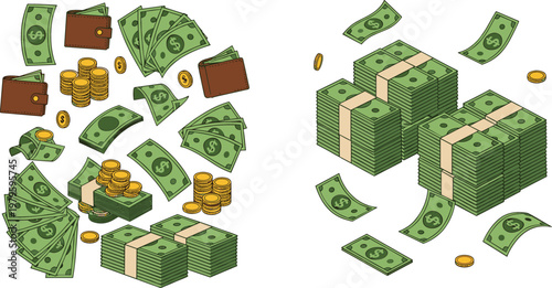 Cash Money Explosion and Wealth Illustration Set Featuring Flying Dollar Bills, Coin Stacks, Wallets and Bundled Currency Assets