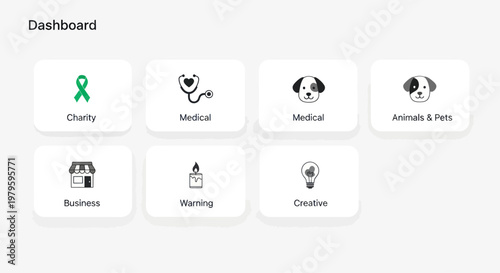 Dashboard with Icons: Charity, Medical, Business, Pets, Vetting, Creative