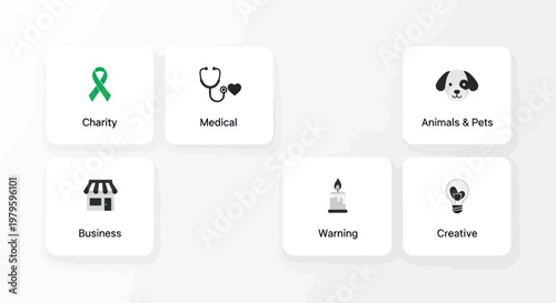 Diverse Icons Representing Charity, Medical, Business, Pets, Warmth, and Creativity