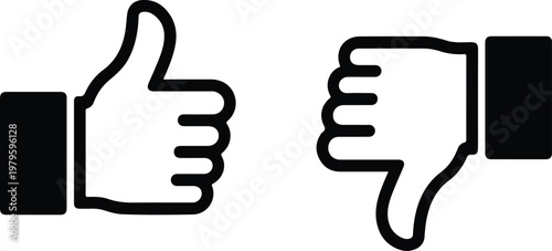 Minimalist black and white icon set of hands showing thumbs up and thumbs down gestures in simple flat vector style