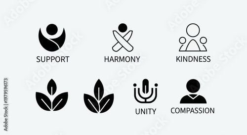 Diverse Positive Concepts Icons: Support, Harmony, Kindness, Unity, Compassion, Growth