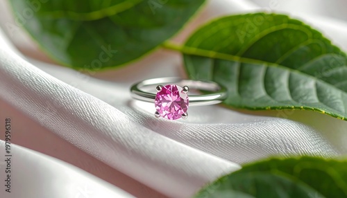 Elegant Pink Gemstone Ring on White Silk Fabric.