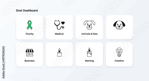 Dost Dashboard UI with Icons: Charity, Medical, Pets, Business, Warning, Creative