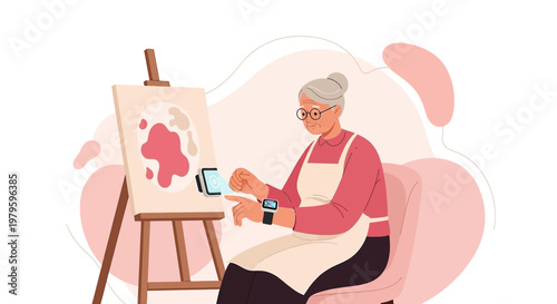 Innovative artistry: Senior woman explores digital art creation with modern technology watch and