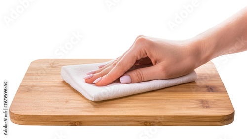 Bild auf Leinwand Light skinned hand wiping wooden cutting board with white cloth