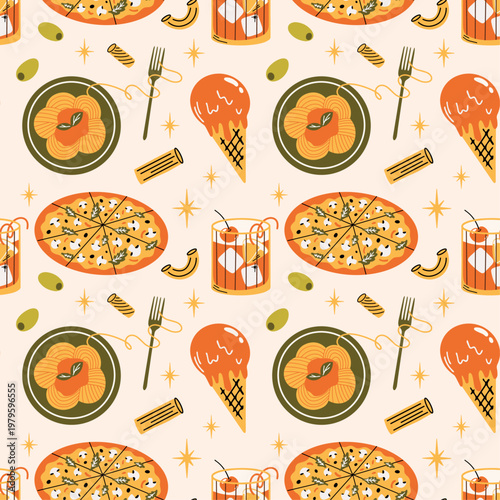 Italian Summer vector sticker set with illustration of pizza, cocktail, pasta in playful cartoon funky groovy doodle style for menu, travel or food blog 