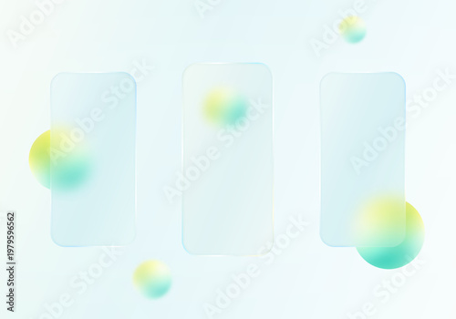 Glassmorphism vertical card set with gradient spheres on light background