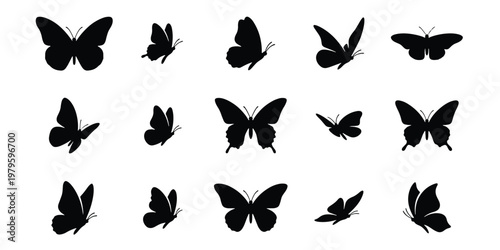 Black butterfly silhouettes collection, set of 15 flying insect vector icons, minimalist butterfly shapes for nature design and spring branding