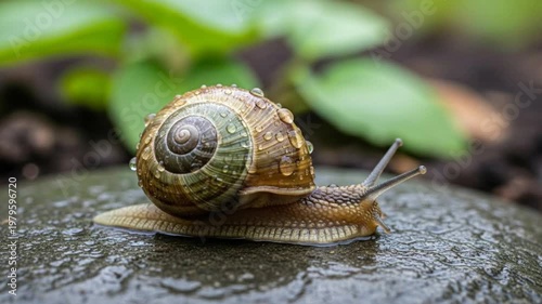 Close-up of a snail with water droplets on its shell slowly moving on a wet stone.