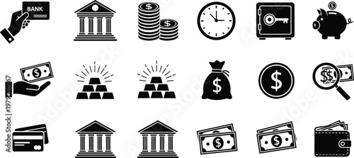 Finance and Banking Blue Glyph Icon Set Featuring Cash Payments, Coins, Safe, Piggy Bank, Credit Cards and Bank Symbols