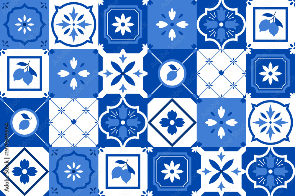 Obraz premium A seamless geometric pattern in a Mediterranean style with blue and white Amalfi ceramic tiles.