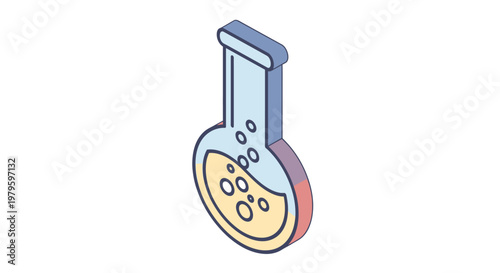 Isometric illustration of a laboratory flask with a yellow liquid and air bubbles