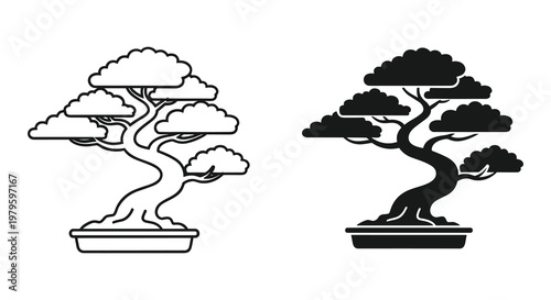 Stylized Bonsai Trees Depicted with Contrasting Line Art and Solid Black Fills
