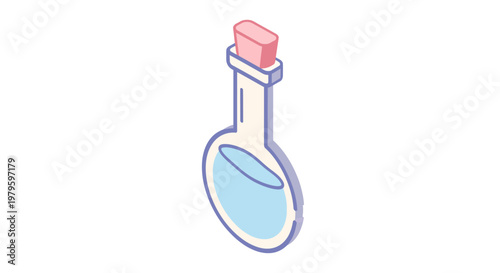 Isometric illustration of a potion bottle with light blue liquid and a pink cork