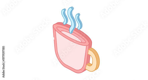 Isometric illustration of a steaming beverage, pink mug with an orange handle design