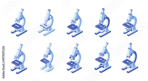 Isometric illustration of several science microscopes, laboratory and research concept