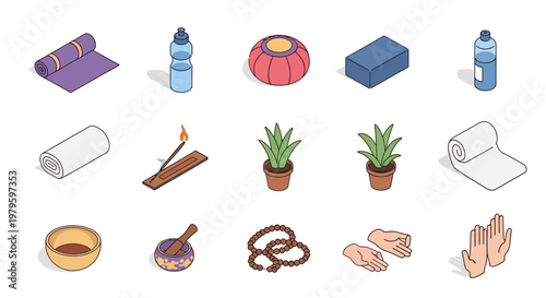 Isometric illustration of yoga and meditation items isolated on a white background