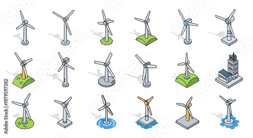 Isometric illustrations of various wind turbines showcasing renewable energy sources