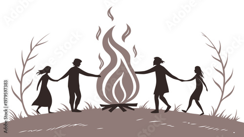 Silhouettes of four people holding hands around a large bonfire on a hill with trees