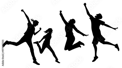 Silhouette of four friends jumping simultaneously in the air with joy and excitement on a white background