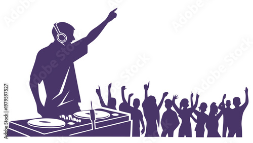 Dj in silhouette raising hand with crowd cheering in the background at a party