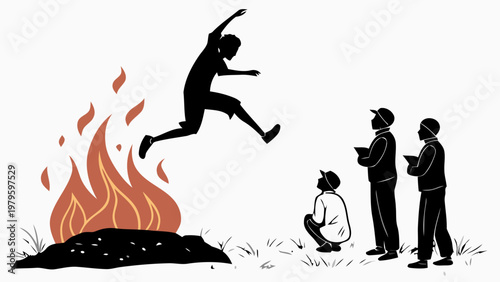Person jumping over bonfire with onlookers in a grassy field at night