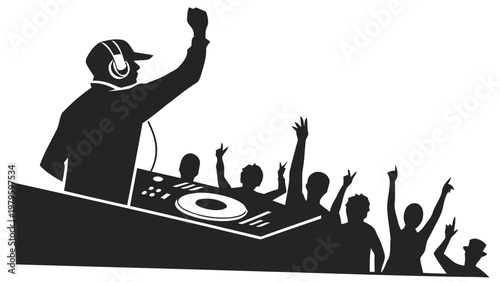 Dj raising hand in silhouette with crowd cheering at music festival or nightclub event