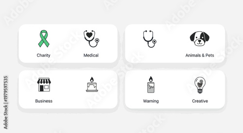 Icons for Charity, Medical, Animals, Business, Warning, and Creative Ideas