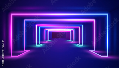 Geometric rectangular glowing lines in neon blue and pink colors, abstract tech background.