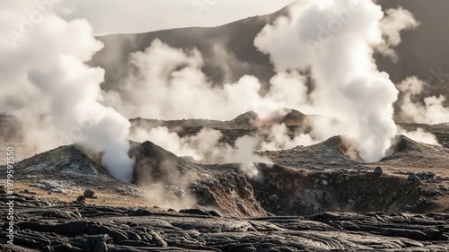 Steaming Volcanic Landscape with Lava Fields and Geothermal Activity