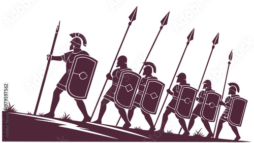 Ancient roman soldiers marching in formation with shields and spears on a hill