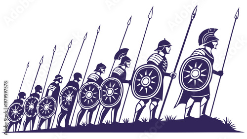 Silhouette of ancient roman soldiers standing in formation with shields and spears on a grassy hill