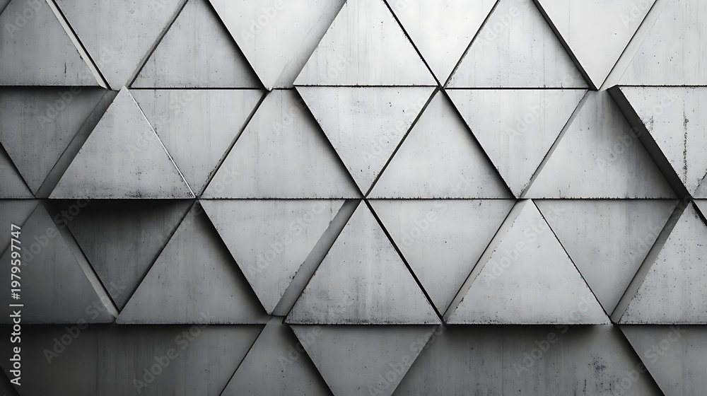 Obraz premium Modern architectural concrete wall featuring triangular geometric pattern with sharp edges and clean lines in monochrome tones