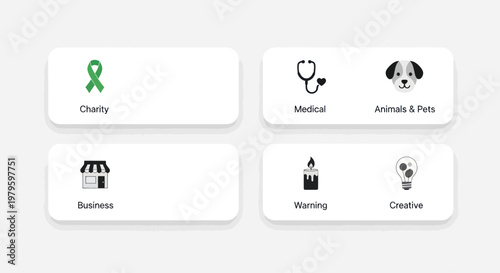 Icons for Charity, Medical, Business, Warning, Creative & Pets