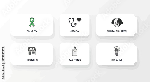 Icons for Charity, Medical, Pets, Business, Warning, and Creative Ideas