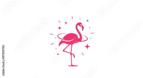 A pink flamingo stands on one leg surrounded by sparkles and stars in a whimsical scene.
