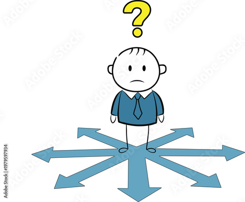 Business professional standing at a crossroads trying to make a difficult decision with arrows pointing directions