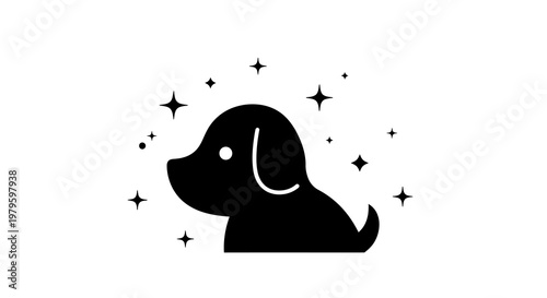 Dog surrounded by sparkles in magical night scenery with stars