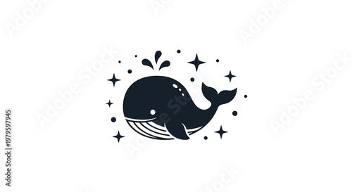 A whimsical illustration of a whale jumping out of the water surrounded by stars and sparkles in a magical aquatic scene.