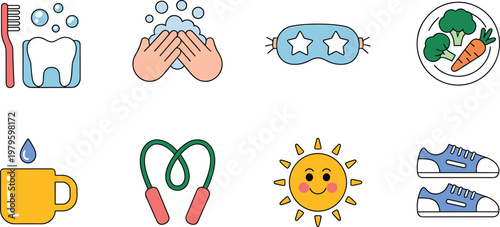 Healthy lifestyle and daily routine icon set with tooth brushing hand washing exercise and nutrition for wellness habits vector illustration.