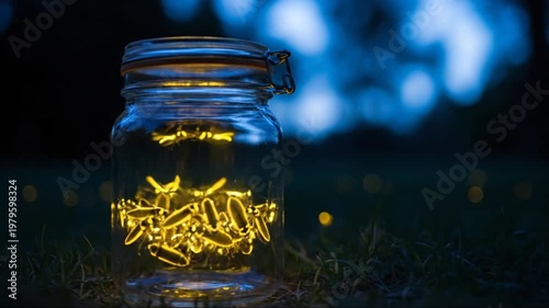 Fireflies in a Jar at Night, Magical Glowing Insects in Nature