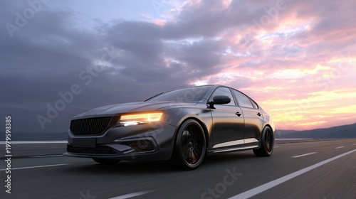 car premium sedan speeding along scenic mountain highway at sunset, capturing motion, freedom, and high performance driving in dramatic landscape.