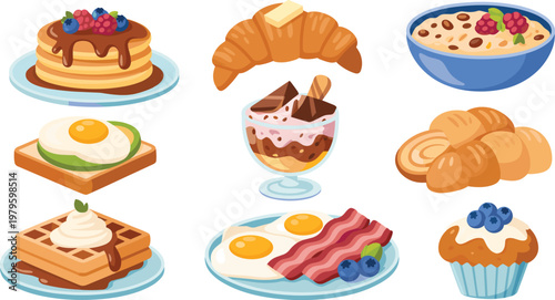 Breakfast food vector illustration set with pancakes croissant waffles eggs and bacon for morning meal menu and cafe dining concepts.