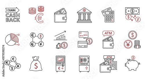 Finance and Cashback Outline Icon Set Featuring ATM Wallet, Currency Exchange, Bank, Savings, Money Transfer and Payment Symbols