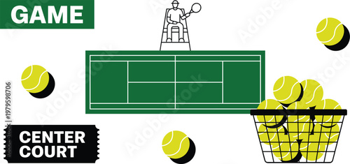 Professional tennis sports icon set with green court top view umpire chair basket of yellow balls ticket and game sign vector illustration.